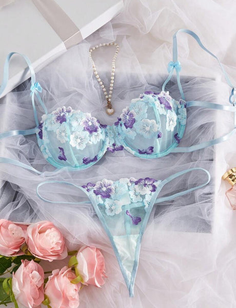 Violet/Baby Blue Flower Lingerie Set