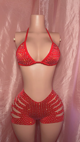 Red Cut Shorts Set