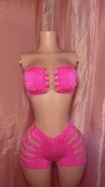 Hot Pink Tube Top Cut Shorts Set