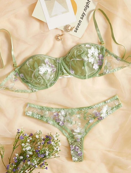 Green/Violet Flower Lingerie Set