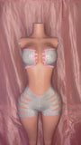 Silver Metallic/Pink Trim Cut Shorts Set